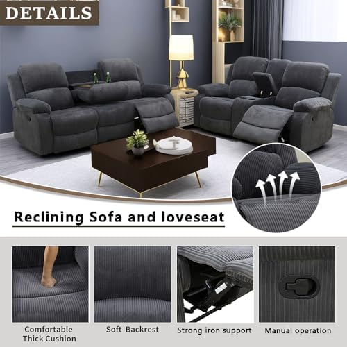 A Ainehome Living Room Furniture Set Grey Corduroy Recliner Sofa Set Loveseat - Image 4
