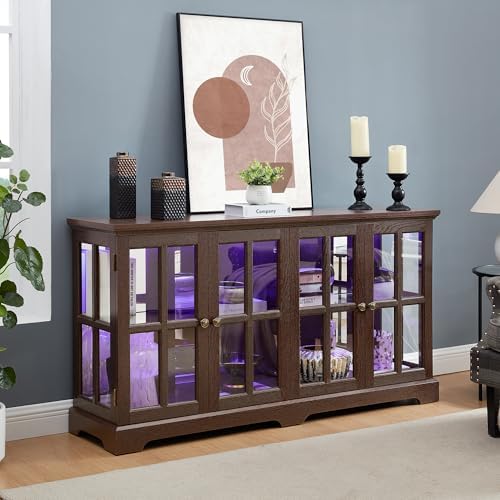 59" Glass Curio Display Storage Cabinet, 4 Doors LED Light Multipurpose by Unknown