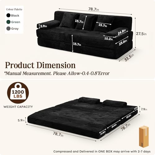 78.7IN Convertible Folding Sofa Bed, 3 Seater Sleeper Sofa Couch - Image 2