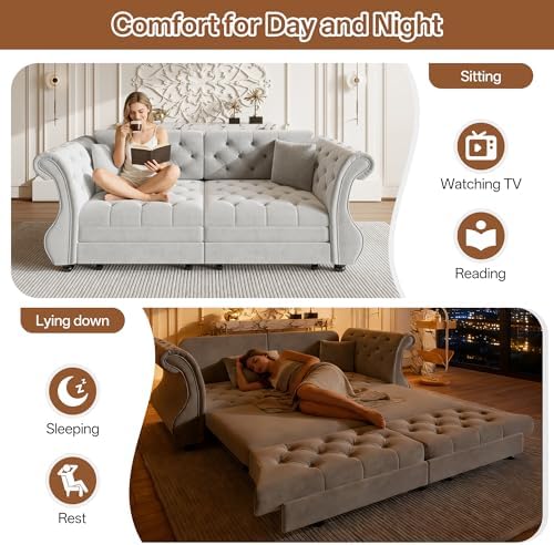 83.8" Velvet Pull-Out Chesterfield Sleeper Sofa Bed, Light Grey - Image 3