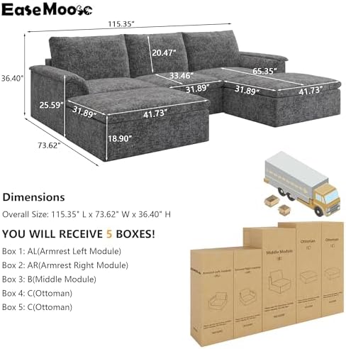 EASE MOOSE 115" U Shaped Sofa, Boneless Sectional Couches - Image 2