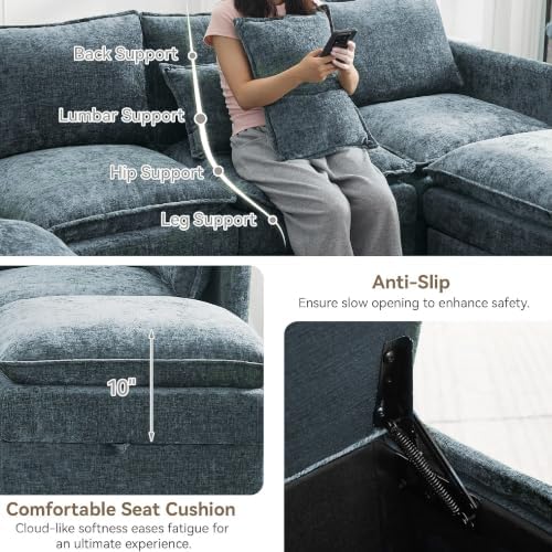 80" Blue Modular Storage Sofa, V Shaped Chenille Cloud Couch - Image 5