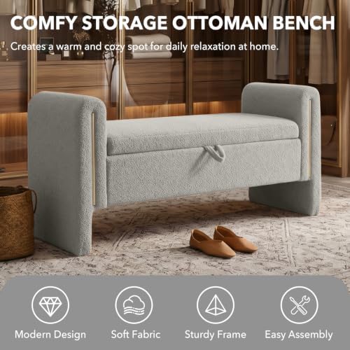 52" Flip-Top Storage Ottoman Bench, Teddy Entryway Bench - Image 6