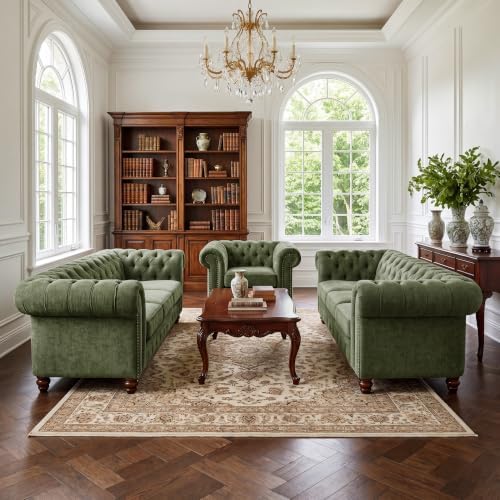 Modern 3-Piece Chesterfield Sofa Set, Chenille Armchair & 2 Sofas by MordenFortFurniture