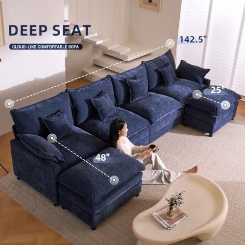 GOSUHI 142.5" U-Shaped Modular Cloud Couch, Deep Seat, Chenille Navy - Image 4