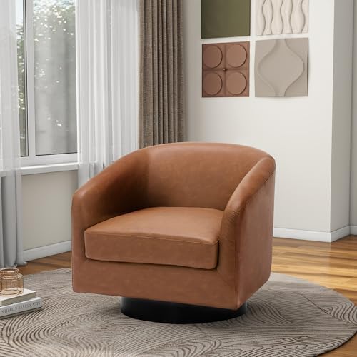 Pia Ricco Set of 2 Oversized Faux Leather 360° Swivel Barrel Accent Chair Brown - Image 6