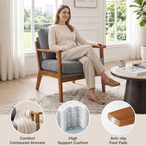 Mid-Century Modern Chenille Armchair, Walnut Frame Comfy Accent Chair - Image 3
