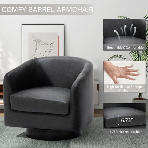 Pia Ricco Set of 2 Oversized Faux Leather 360° Swivel Barrel Accent Chair Black - Image 3