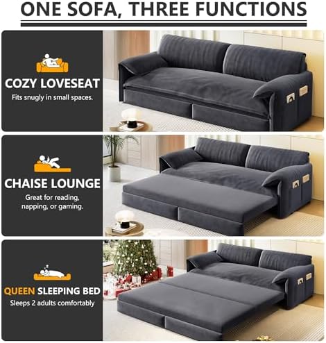 63.8" Sleeper Sofa Bed Queen Size, Pull Out Convertible Velvet Couch - Image 4