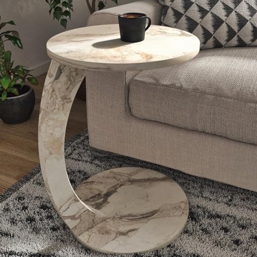 C Shaped End Table for Couch Small Places, Faux Marble Engineered Wood Space by Furpinea-HandmadewithLove