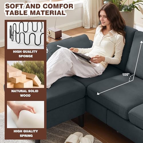 Convertible Sectional Sofa Set, Linen Upholstered 3 Seat Sofa - Image 5