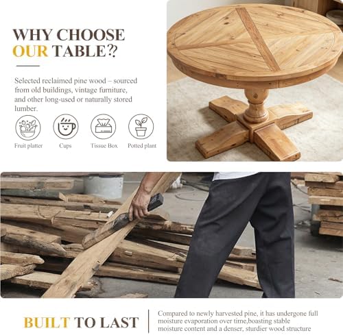 47" Round Dining Table with Wooden Pedestal Base, Reclaimed Pine Wood Dinner - Image 6