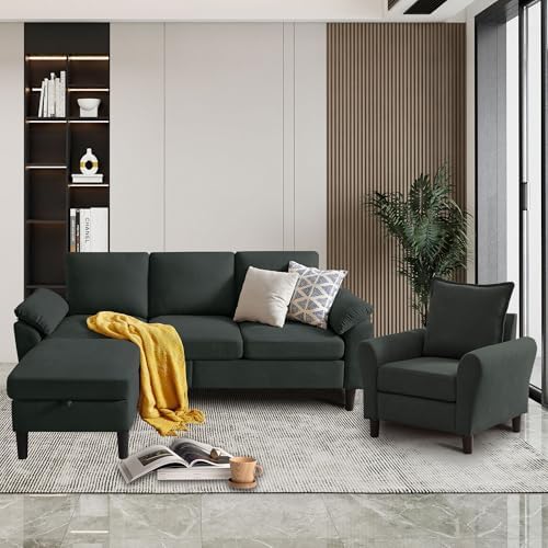 Convertible Sectional Sofa Set, Linen Upholstered 3 Seat Sofa and 35" Accent by Portaforta
