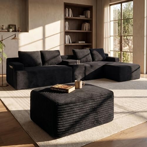 140" U-Shape Corduroy Boneless Couch, Modular Sectional Sofa Black - Image 3