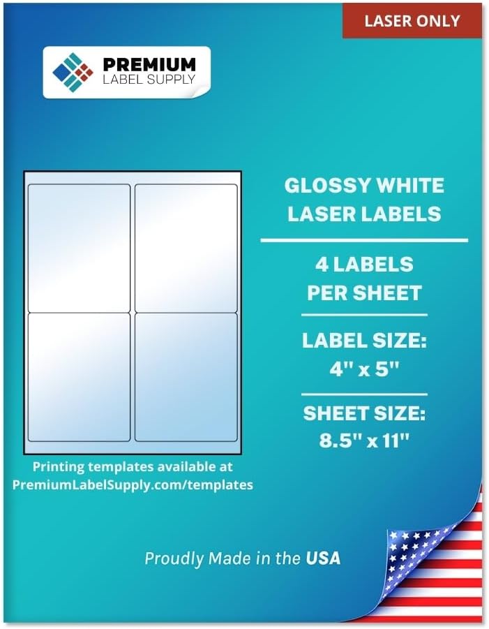 Premium Label Supply Glossy White Sticker Labels – 4" x 5" – (4 per Sheet) (Glossy White for Laser Only, 40 Labels)