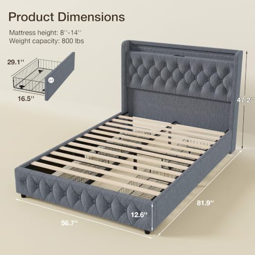 Full Size Bed Frame, 4 Storage Drawers, Charging Station - Image 2