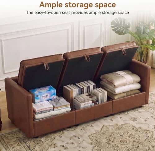 80" Brown Faux Leather Storage 3 Seater Sofa, Modular Sectional Cloud Sofa - Image 3