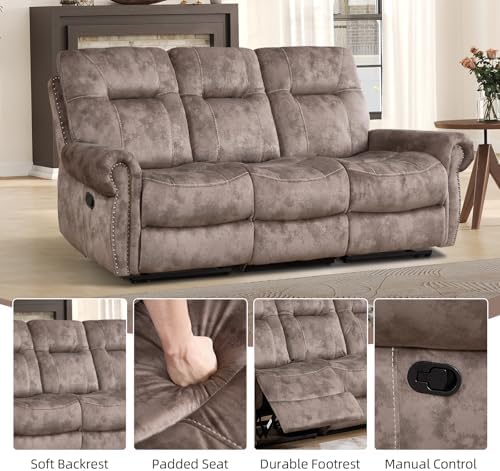 EBELLO Manual 3 Seat Reclining Sofa Couch, Soft Fabric 3 Seater Recliner Couch - Image 3
