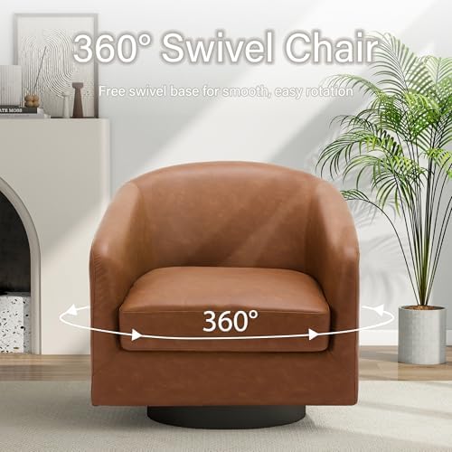 Pia Ricco Set of 2 Oversized Faux Leather 360° Swivel Barrel Accent Chair Brown - Image 5