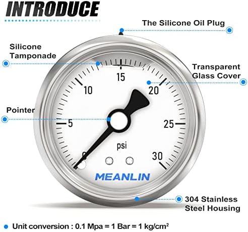MEANLIN MEASURE 0~30Psi Stainless Steel 1/4" NPT 2.5" Single Scale FACE DIAL - Image 4