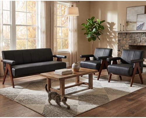 Mid Century Modern Black Faux Leather Living Room Furniture Set of 3 by Betterfurniturebetterlife