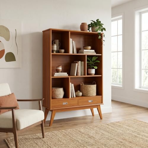 SIMPLIHOME Draper 64" Tall Solid Wood 6-Shelf Bookcase in Teak Brown - Image 2