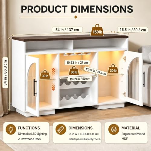 54" Coffee Bar Cabinet with Storage, LED Lights and Arched Glass Doors - Image 2