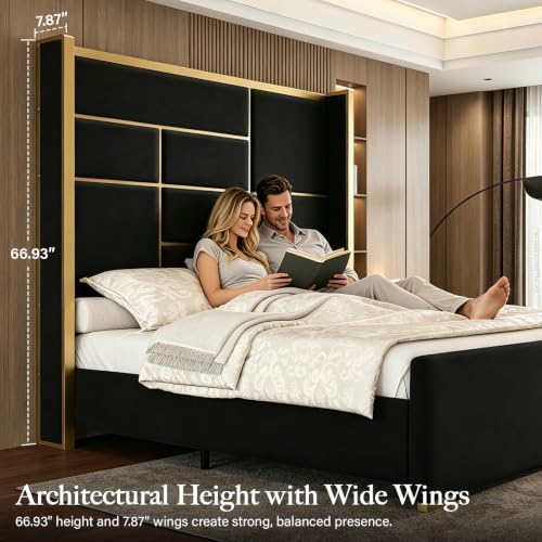 Queen Bed Frame with Gold Trim Headboard, 66.9" Tall Bed - Image 4