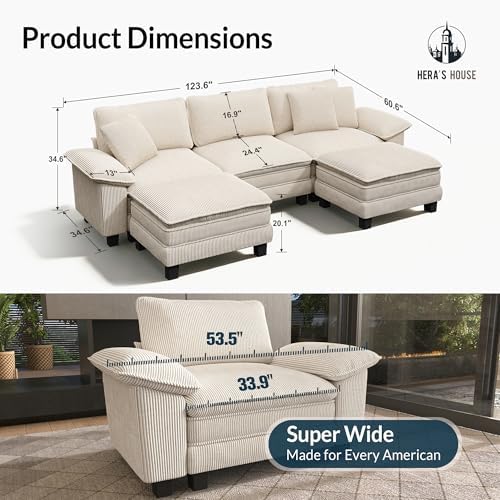 HERA'S HOUSE 124" Oversized Modular Sectional U Shaped Sofa, Corduroy Beige - Image 2