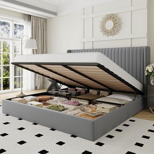Allewie King Size Lift Up Storage Bed Frame Channel Tufted Headboard Grey by Allewie