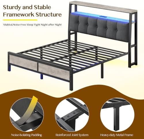 Homkdom Full Bed Frame with Upholstered Headboard & Charging Station - Image 7