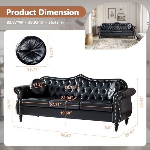 AVZEAR 82" Three Seater Leather Sofa, Chesterfield Sofa, Mid-Century Modern PU - Image 2