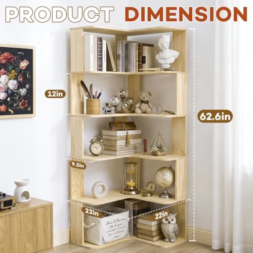 RUNSUNSPRI Tall Corner Bookshelf, 6-Tier Solid Wood L-Shaped Corner Shelf - Image 5