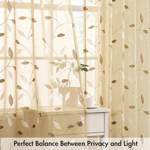 MIULEE Beige Sheer Curtains 2 Panels Embroidered Leaf Patterned, W52 x L84 - Image 5