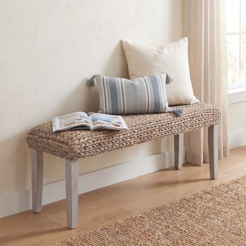 Solid Wood Acacia Indoor Bench, Natural Woven Water Hyacinth Seat - Image 4