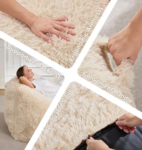 Hobestluk Bean Bag Chair Plush Accent Chair Armrest Living Room Adult Beige - Image 6