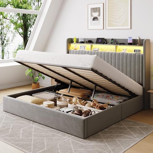 SHA CERLIN King Size LED Lift Up Storage Bed Frame Charging Station by SHACERLIN