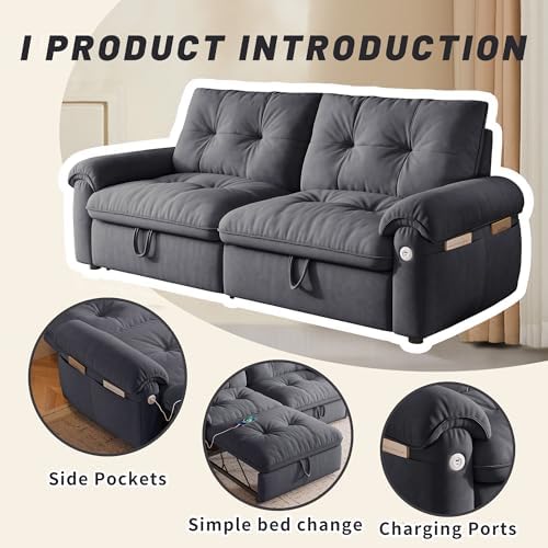 77.2" Sleeper Sofa Bed Full, Pre-Assembled Flannel Pull Out Sofa, Dark Grey - Image 4