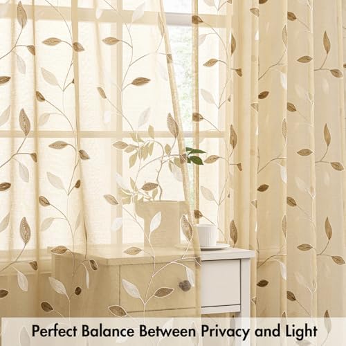 MIULEE Khaki Sheer Curtains 2 Panels Embroidered Leaf Patterned, W52 x L45 - Image 5