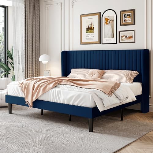 SHA CERLIN King Size Velvet Bed Frame, Tufted Wingback Headboard by SHACERLIN