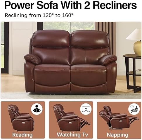 THSUPER Brown Top Grain Leather Power Recliner Sofa Loveseat - Image 6
