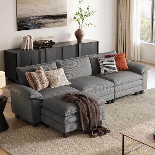 LINSY HOME 123'' Modular Sectional Sofa Grey Couch Corduroy Cloud Couches by LINSYHOME
