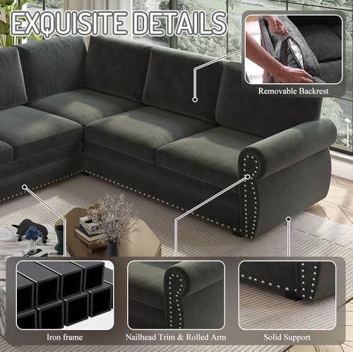 118" Chenille L-Shaped Pull-Out Sectional Vintage Sleeper Sofa, Dark Grey - Image 3