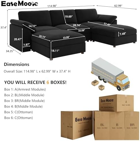 EASE MOOSE Black Oversized Modular Sectional Sofa, U Shape Sectional Couch - Image 2