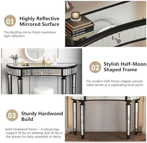 Black Mirrored Console Table, Modern Luxury Entryway Vanity Desk Mirrored - Image 4