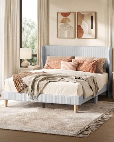 Bestier Queen Bed Frame with Wingback Headboard, Upholstered, Light Grey by Bestier