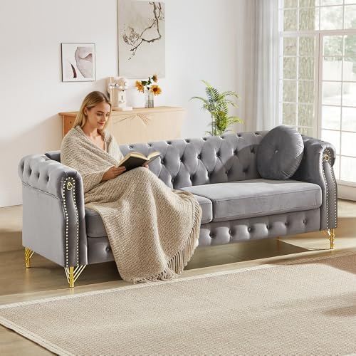 Mid Century Modern Chesterfield Sofa, Upholstered Button Tufted Velvet Couch - Image 3