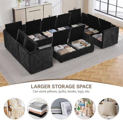 130" Black Oversized Modular Storage Sofa, U Shaped Chenille Cloud Couch - Image 3