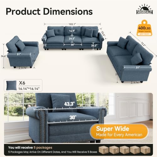SUNSHINE VALLEY Modular Sectional Sofa Set Living Room 3-Piece Deep Seats - Image 2