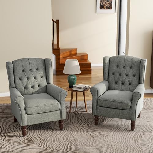 High Back Accent Chairs Set of 2, Wingback Armchair in Fabric - Image 6